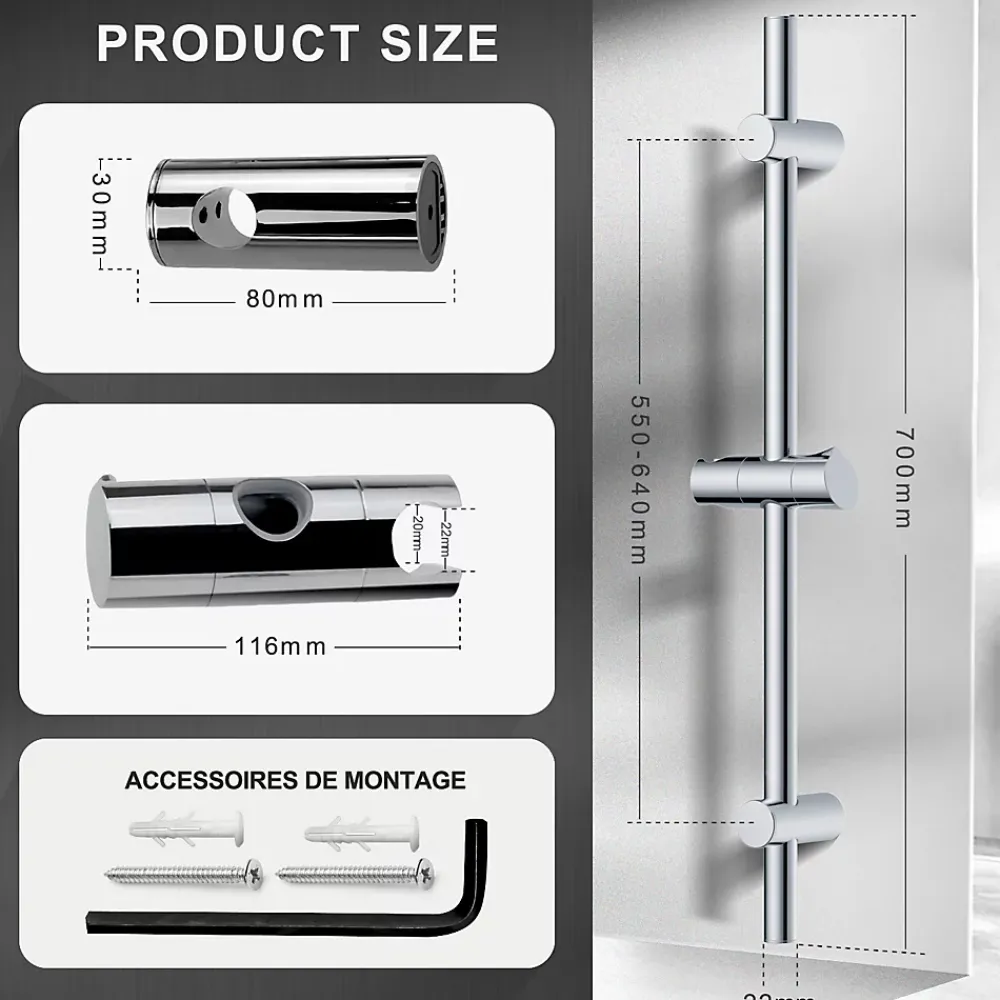Todot Barre de douche 70cm en Acier Inoxydable Chromé avec Fixations ajustables