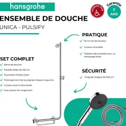 Pommeau De Douche, Flexible Et Barre De Douche|Hansgrohe Barre de douche PMR Unica 110 avec poignée à gauche Chromé + Pommeau de douche Pulsify 3 jets + flexible Isiflex 160cm