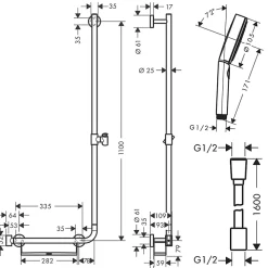 Pommeau De Douche, Flexible Et Barre De Douche|Hansgrohe Barre de douche PMR Unica 110 avec poignée à gauche Chromé + Pommeau de douche Pulsify 3 jets + flexible Isiflex 160cm