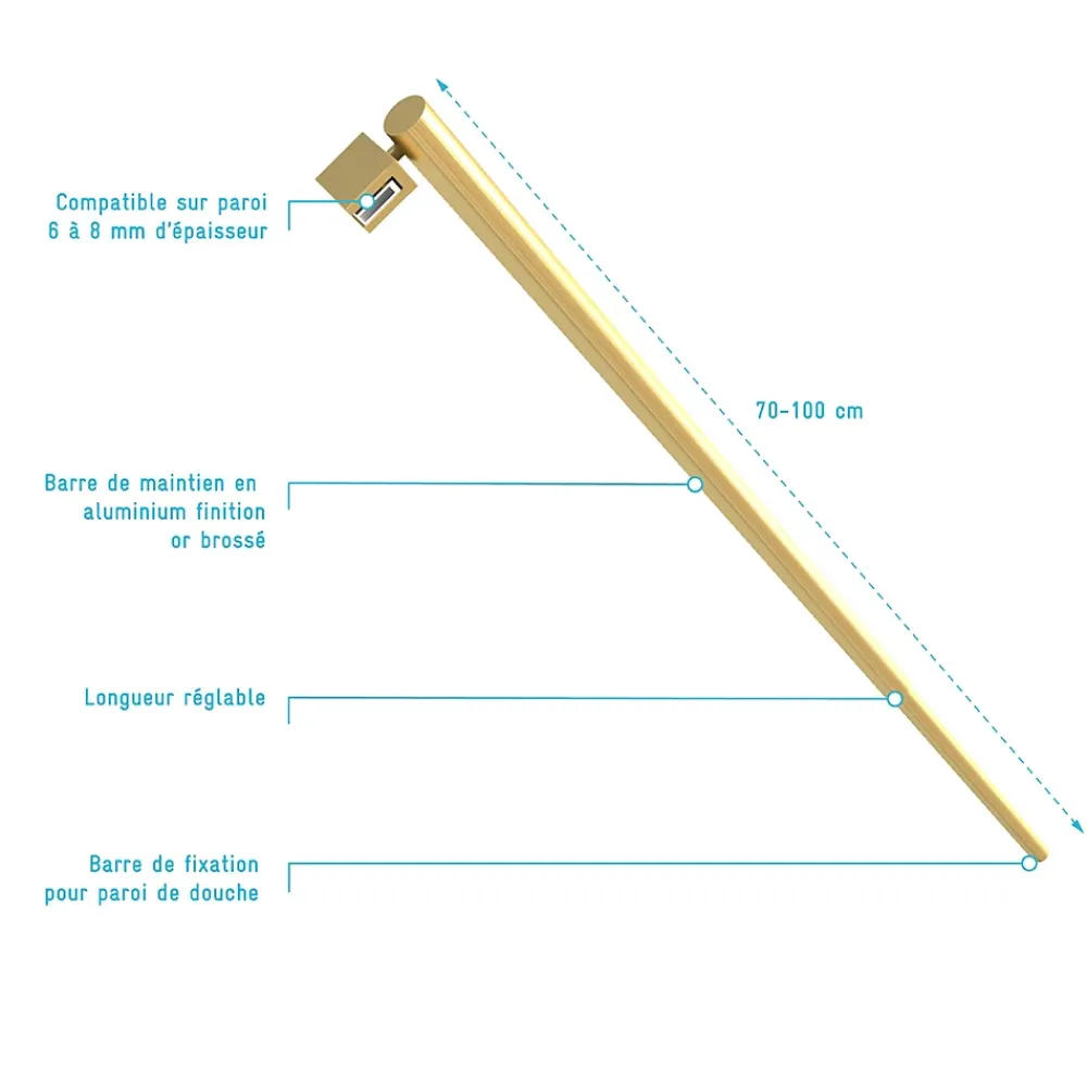 Aurlane Barre de fixation murale OR DORE BROSSE réglable de 70 à 100cm pour paroi de douche FREEDOM 2 GOLD
