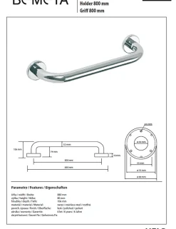 Barre D'Appui|Bemeta Barre de maintien de douche HELP en acier inoxydable-88x8x10,6cm--