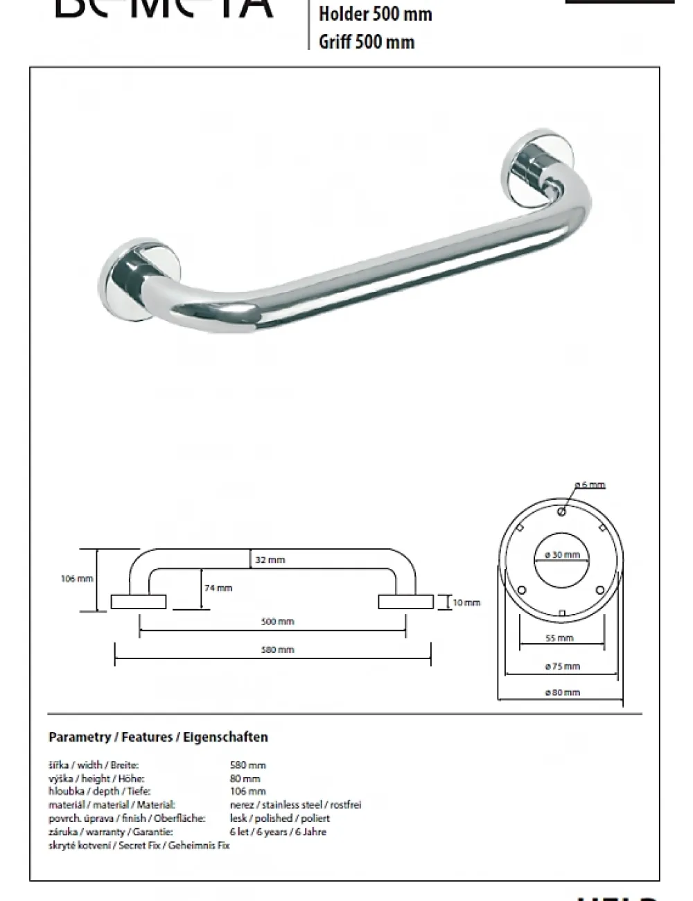 Barre D'Appui|Bemeta Barre de maintien de douche HELP en acier inoxydable-58x8x10,6cm--