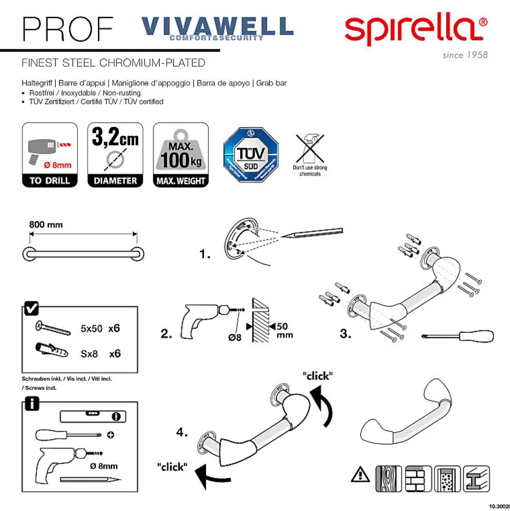 Spirella Barre de redressement ou d'appui PROF Acier Inox 80cm Chrome