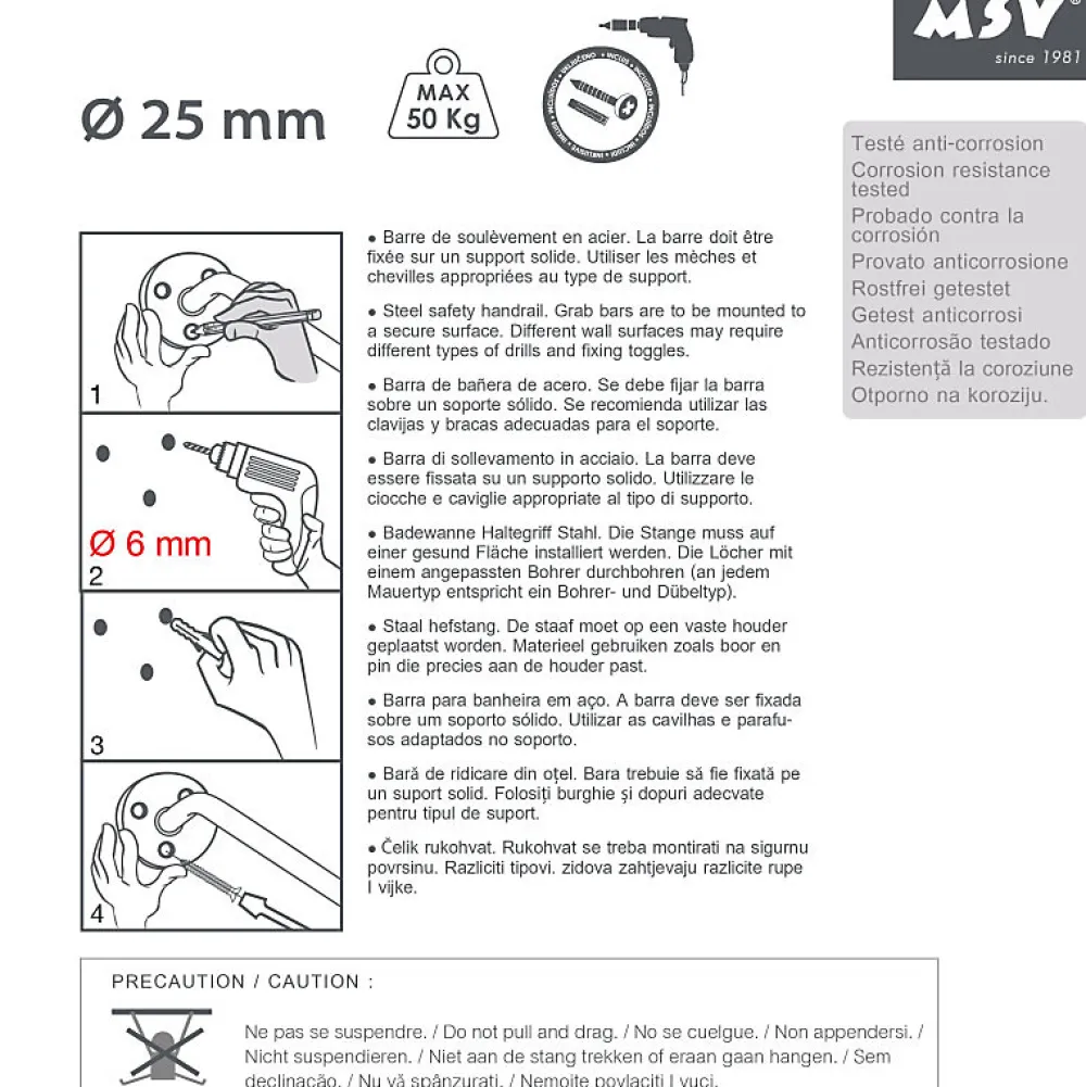 MSV Barre de redressement ou d'appui Acier 60cm Blanc
