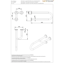 Sanindusa Barre de relèvement et appui en U avec renfort latéral à droite PMR normes handicapé NewWCCare 60 inox brossé