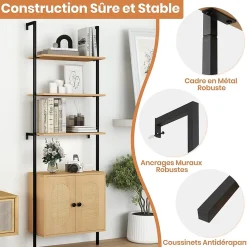 Giantex Bibliotheque avec 4 Niveaux d'Étagères Ouvertes en Bois,avec Cadre Métallique et Armoire 2 Niveaux, pour Salon, Chambre, Cuisine