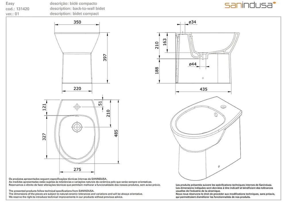 Sanindusa Bidet compact gain de place Easy céramique traditionnelle a poser au sol blanc
