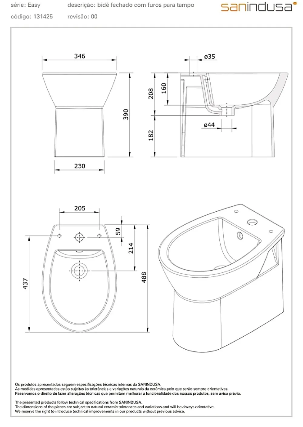 Sanindusa Bidet Easy compact gain de place céramique traditionnelle pose au sol avec trous pour abattant (non compris) blanc