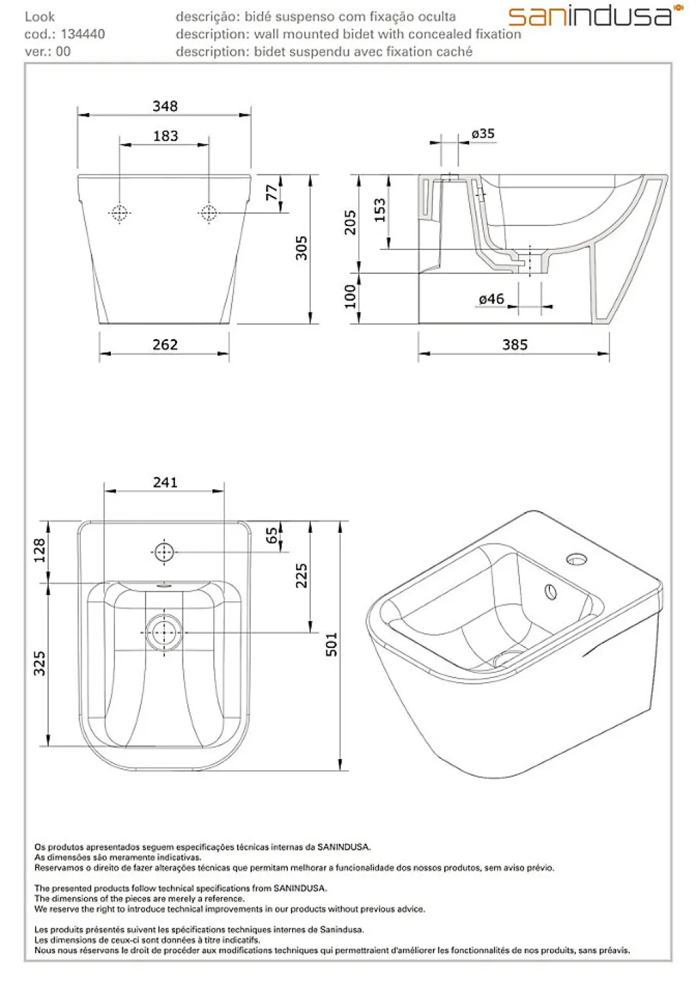 Sanindusa Bidet suspendu céramique traditionnelle Look 50x35 blanc (robinet et vidage non inclus)