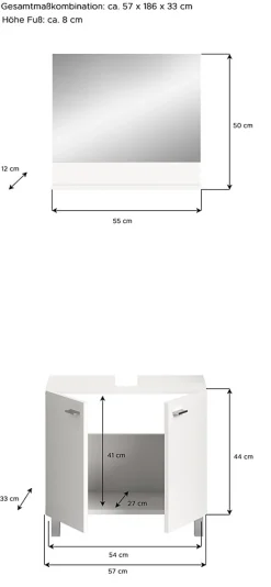 Meuble Sous Lavabo|Xonox Boston - Ensemble de 2 meubles de salle de bains (L/H/P : 57x186x33 cm) en mélaminé blanc, vasque non incluse