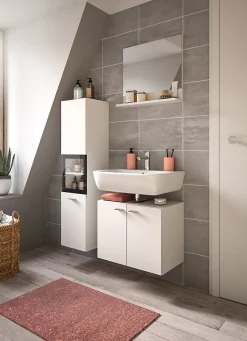Xonox Boston - Ensemble de 3 meubles de salle de bains (L/H/P : 102x186x33 cm) en mélaminé blanc, vasque non incluse