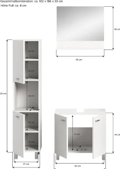 Meuble Sous Lavabo|Xonox Boston - Ensemble de 3 meubles de salle de bains (L/H/P : 102x186x33 cm) en mélaminé blanc, vasque non incluse
