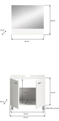 Meuble Sous Lavabo|Xonox Boston - Meuble sous lavabo et miroir (L/H/P : 57x44x33 cm) en mélaminé blanc, vasque non incluse