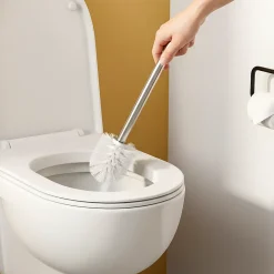 Brosse WC manche acier inoxydable brosse en polypropylène blanche Ø7,5 x H.33 cm