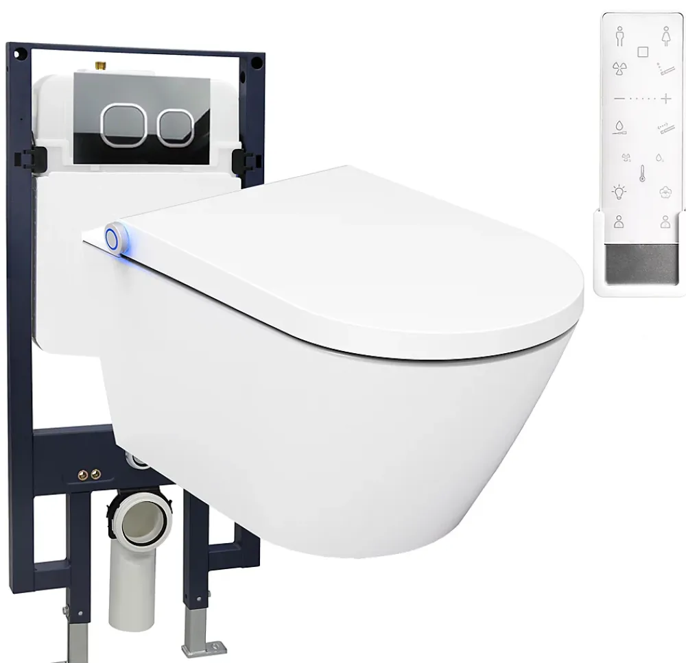 Wc Japonais|Bernstein Bâti-support Toilettes Japonais céramique, WC lavant japonais + télécommande - 38,4x59,3x38cm - PRO+ 1102 - Plaque 4111 blanc mat