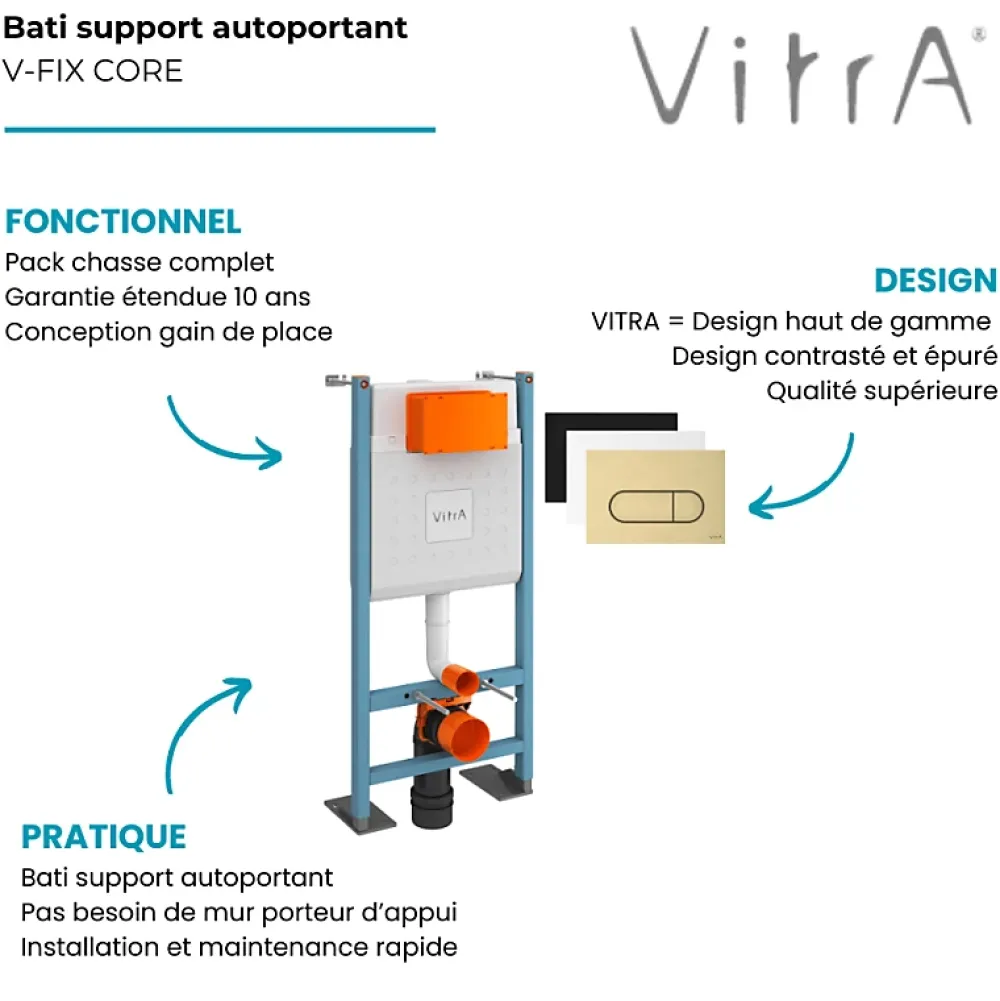 Wc Suspendu|Vitra Bâti-support V-Fix Core auto-portant + Plaque Root Round Or brossée