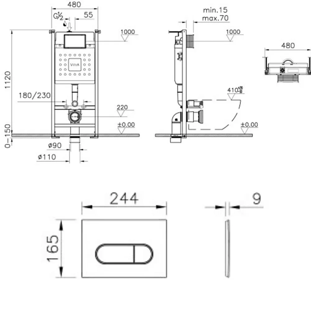 Wc Suspendu|Vitra Bâti-support V-Fix Core auto-portant + Plaque Root Round Or brossée