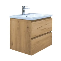 Meuble Vasque|Swiss Aqua Technologies B-Way 59x50x45 cm meuble de salle de bain suspendu 2 tiroirs avec lavabo en marbre coulé, chêne mat (BWAY260OAKU)