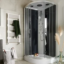 Cabine De Douche|GoodHome Cabine de douche 1/4 de cercle l.90 x L.90 x H.215 cm – hydromassante, gris anthracite, profilés chromés, montage rapide, Onega