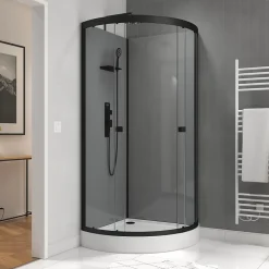 Galedo Cabine de douche 1/4 de cercle l.90 x L.90 x H.215 cm – équipements noir mat, grande ouverture, Grey Touch