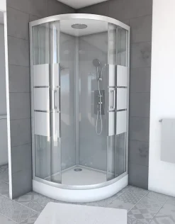 Cabine De Douche|Galedo Cabine de douche 1/4 de cercle l.90 x L.90 x H.215 cm – structure effet chrome, fond gris, sérigraphie 3 bandes, River 2 Round