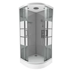 Cabine De Douche|Galedo Cabine de douche 1/4 de cercle l.90 x L.90 x H.215 cm – structure effet chrome, fond gris, sérigraphie 3 bandes, River 2 Round