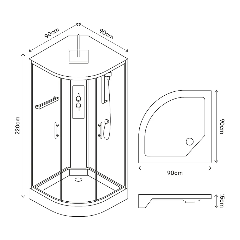 GoodHome Cabine de douche 1/4 de cercle l.90 x L.90 x H.220 cm – hydromassante, fond gris profilés noirs, traitement anticalcaire, Beloya