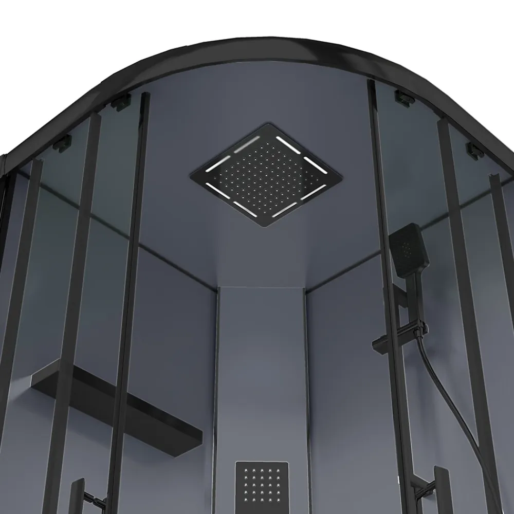 GoodHome Cabine de douche 1/4 de cercle l.90 x L.90 x H.220 cm – hydromassante, fond gris profilés noirs, traitement anticalcaire, Beloya