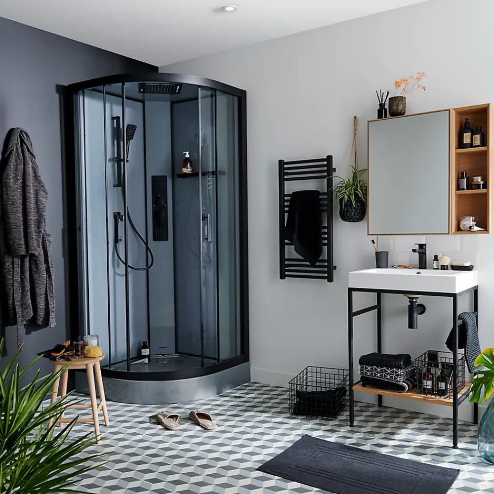 GoodHome Cabine de douche 1/4 de cercle l.90 x L.90 x H.220 cm – hydromassante, fond gris profilés noirs, traitement anticalcaire, Beloya