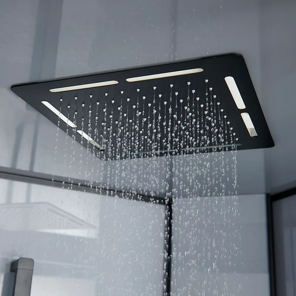GoodHome Cabine de douche 1/4 de cercle l.90 x L.90 x H.220 cm – hydromassante, fond gris profilés noirs, traitement anticalcaire, Beloya