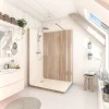 Cabine De Douche Pmr| Cabine de douche à l’italienne l.90 x L.140 x H.218 cm – effet bois, receveur de plain-pied, Elmer Serenity