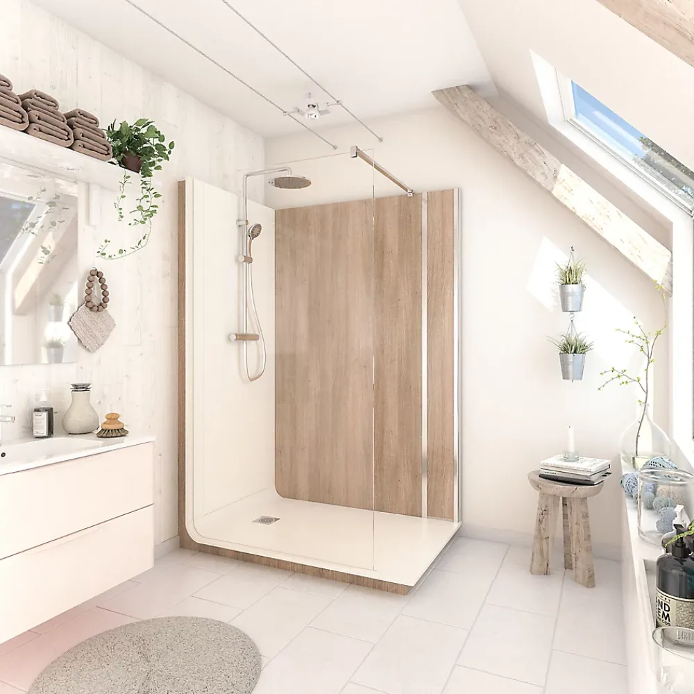 Cabine De Douche Pmr| Cabine de douche à l’italienne l.90 x L.140 x H.218 cm – effet bois, receveur de plain-pied, Elmer Serenity