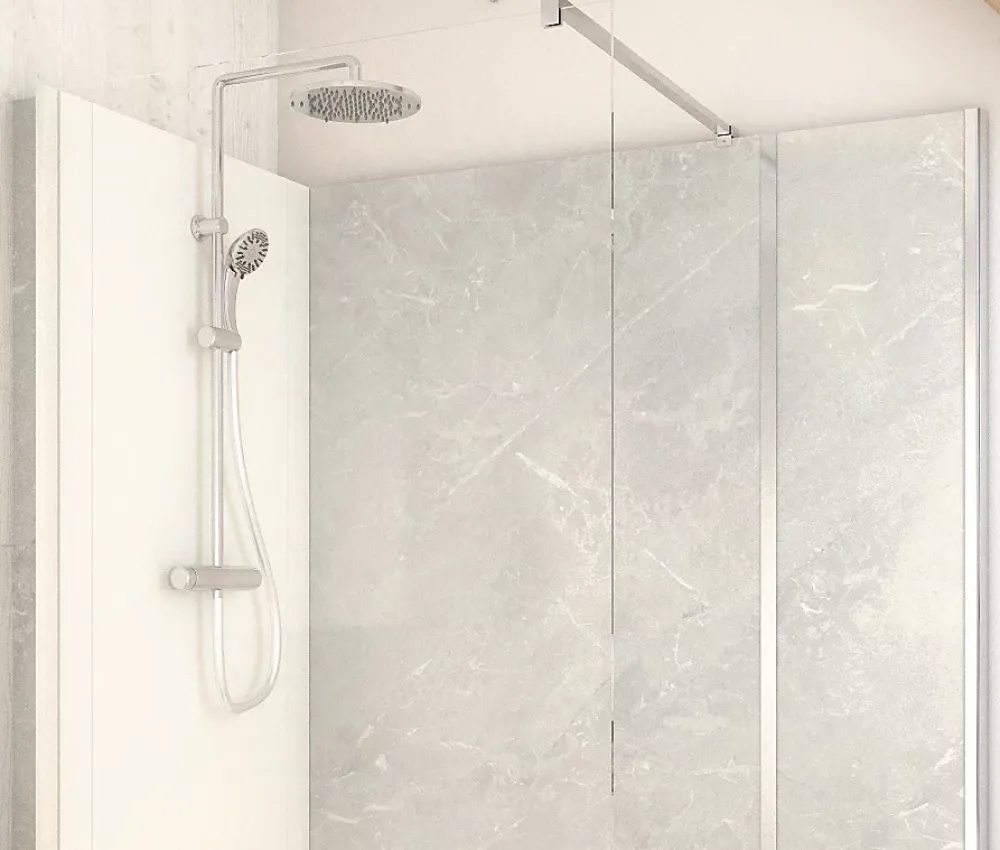 Cabine de douche à l’italienne l.90 x L.160 x H.218 cm – effet marbre gris, receveur de plain-pied, Elmer Serenity