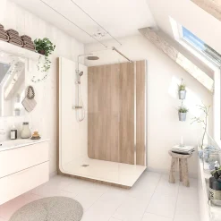 Cabine de douche à l’italienne l.80 x L.140 x H.218 cm – effet bois, receveur de plain-pied, Elmer Serenity