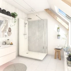Cabine de douche à l’italienne l.80 x L.140 x H.218 cm – effet marbre gris, receveur de plain-pied, Elmer Serenity