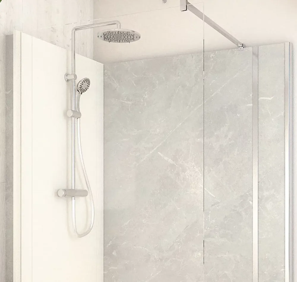Cabine de douche à l’italienne l.80 x L.140 x H.218 cm – effet marbre gris, receveur de plain-pied, Elmer Serenity