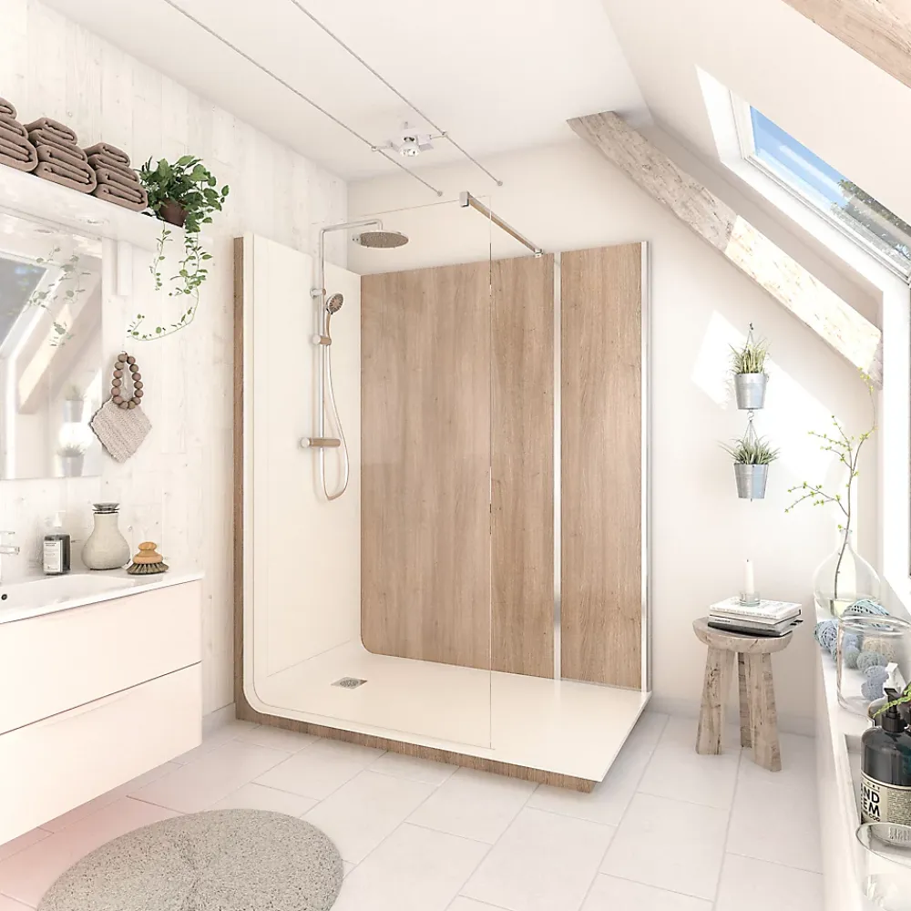 Cabine de douche à l’italienne l.80 x L.160 x H.218 cm – effet bois, receveur de plain-pied, Elmer Serenity