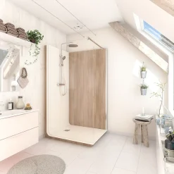 Cabine De Douche Pmr| Cabine de douche à l’italienne l.80 x L.120 x H.218 cm – effet bois, receveur de plain-pied, Elmer Serenity