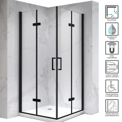 Cabine De Douche|Saniverre Cabine de douche ATÉA-BLACK H.180 cm, 80 x 90 cm, 2 portes pliantes et pivotantes, verre transparent 6 mm + receveur -