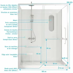 Aurlane Cabine de douche blanche sécurisée et accessible à tous 160x85x220cm - Mitigeur Thermostatique