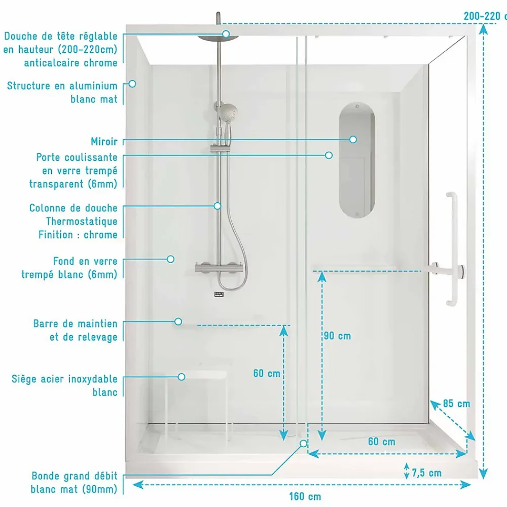 Aurlane Cabine de douche blanche sécurisée et accessible à tous 160x85x220cm - Mitigeur Thermostatique