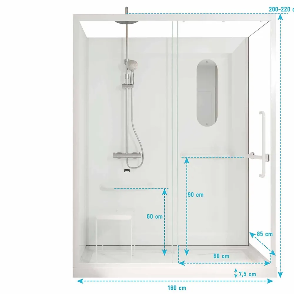 Aurlane Cabine de douche blanche sécurisée et accessible à tous 160x85x220cm - Mitigeur Thermostatique
