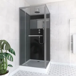 Aurlane Cabine de Douche Carrée 90x90cm Porte Pivotante - Fond Noir avec bande effet miroir - SQUARE STRIPE