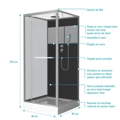 Aurlane Cabine de Douche Carrée 90x90cm Porte Pivotante - Fond Noir avec bande effet miroir - SQUARE STRIPE