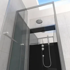 Aurlane Cabine de Douche Carrée 90x90cm Porte Pivotante - Fond Noir avec bande effet miroir - SQUARE STRIPE