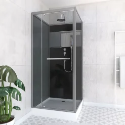 Aurlane Cabine de Douche Carrée 90x90cm Porte Pivotante - Fond Noir avec bande effet miroir - SQUARE STRIPE