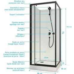 Cabine De Douche|Aurlane Cabine de douche carrée 80x80x200 cm - Porte pivotante - Fonds Blancs & Profilés Noir Mat