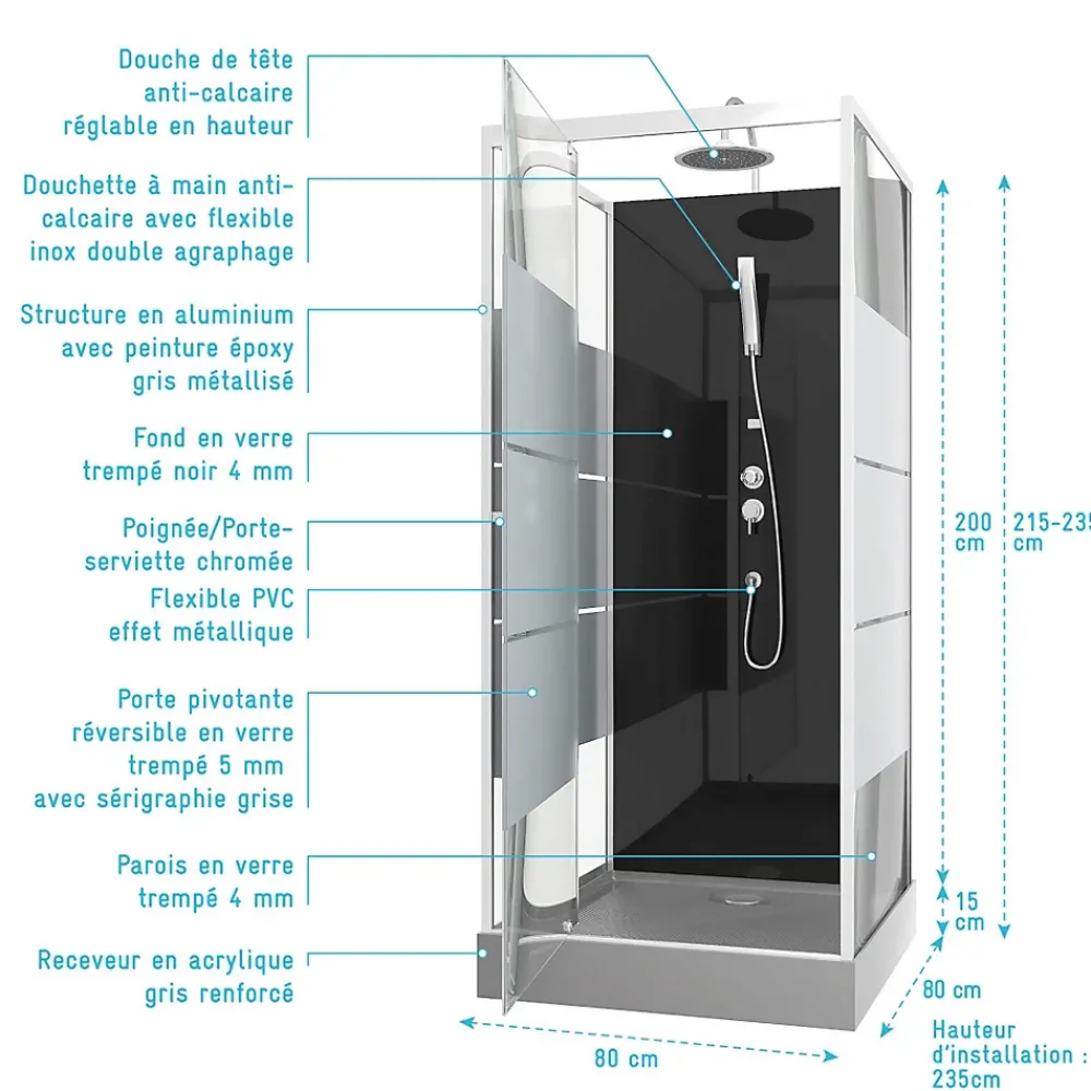 Cabine De Douche|Aurlane Cabine de douche carrée 80x80x220cm - SCRATCHY 80