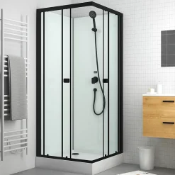 Cabine De Douche|Aurlane Cabine de douche carrée 80x80x200 cm - Portes coulissantes - Fonds Blancs & Profilés Noir Mat
