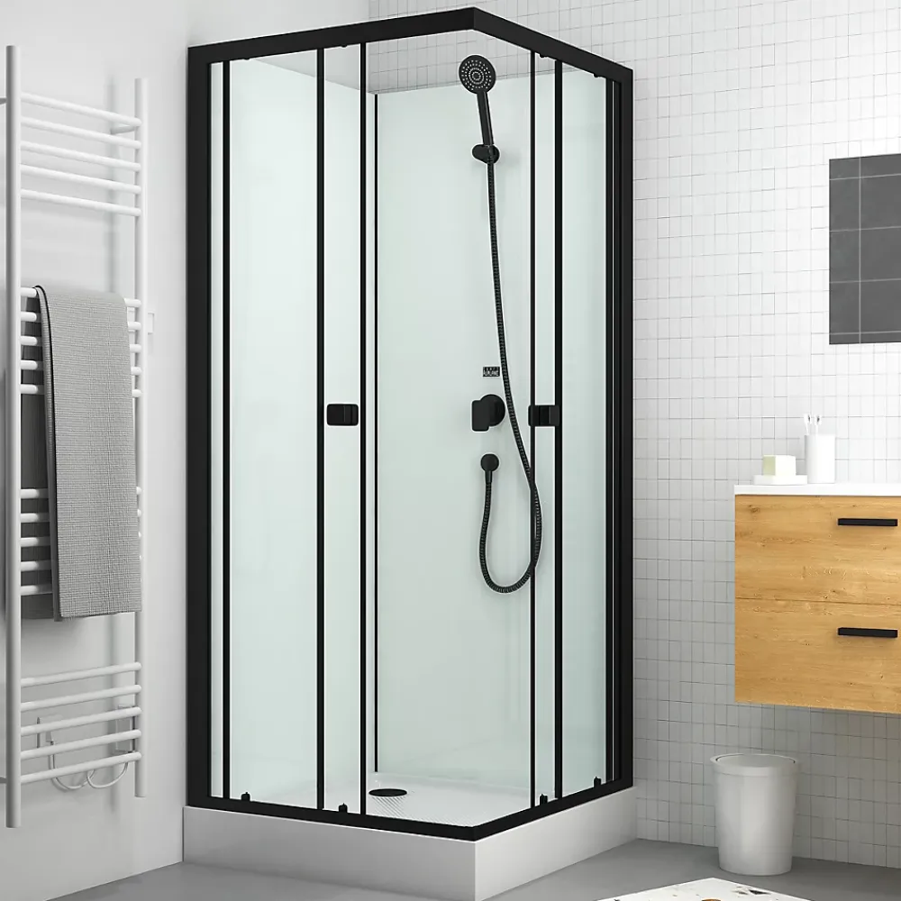 Cabine De Douche|Aurlane Cabine de douche carrée 80x80x200 cm - Portes coulissantes - Fonds Blancs & Profilés Noir Mat